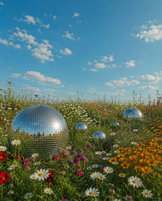 Pradera de flores con esferas espejadas bajo un cielo azul